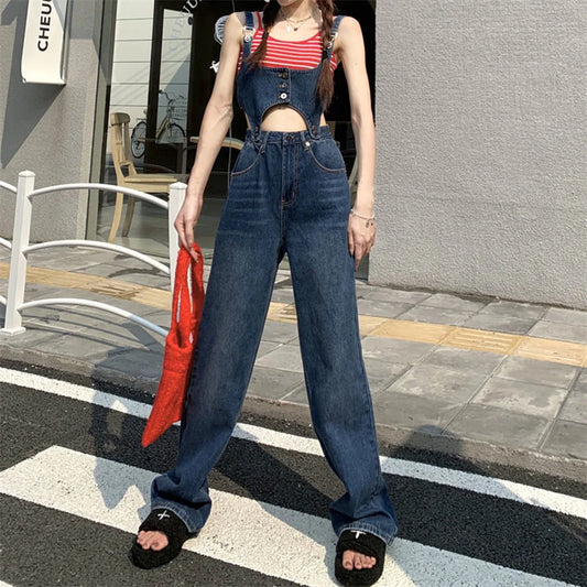 Summer Women Strap Denim Button Design Jumpsuit Femme Elegant hollow out Long Pants Lady Casual Patchwork 2022 New Jeans