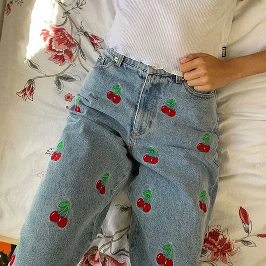 2021 Autumn Cherry Pattern Jeans Women England Preppy Style 90s Streetwear Y2K Outfits High Waist Straight Denim Pants