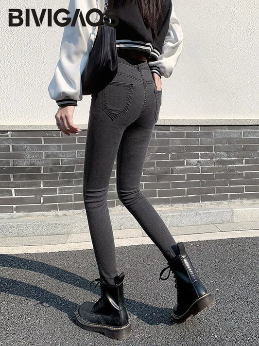 BIVIGAOS New Double Button Skinny Jeans Women Spring Autumn Fashion Casual Ankle Length Jeggings Stretch Slim Jeans Pencil Pants