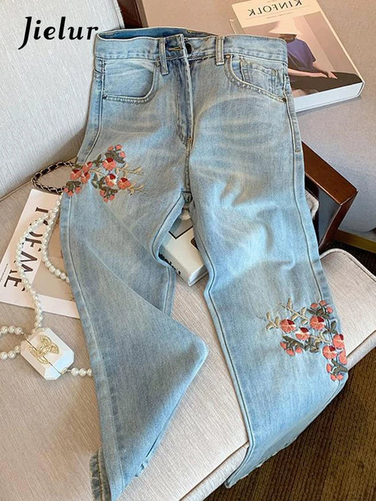 Jielur Flower Embroidered Light Blue Jeans Women 2022 New Summer Creative Fashion Slim Straight High Waist Denim Pants S-XL
